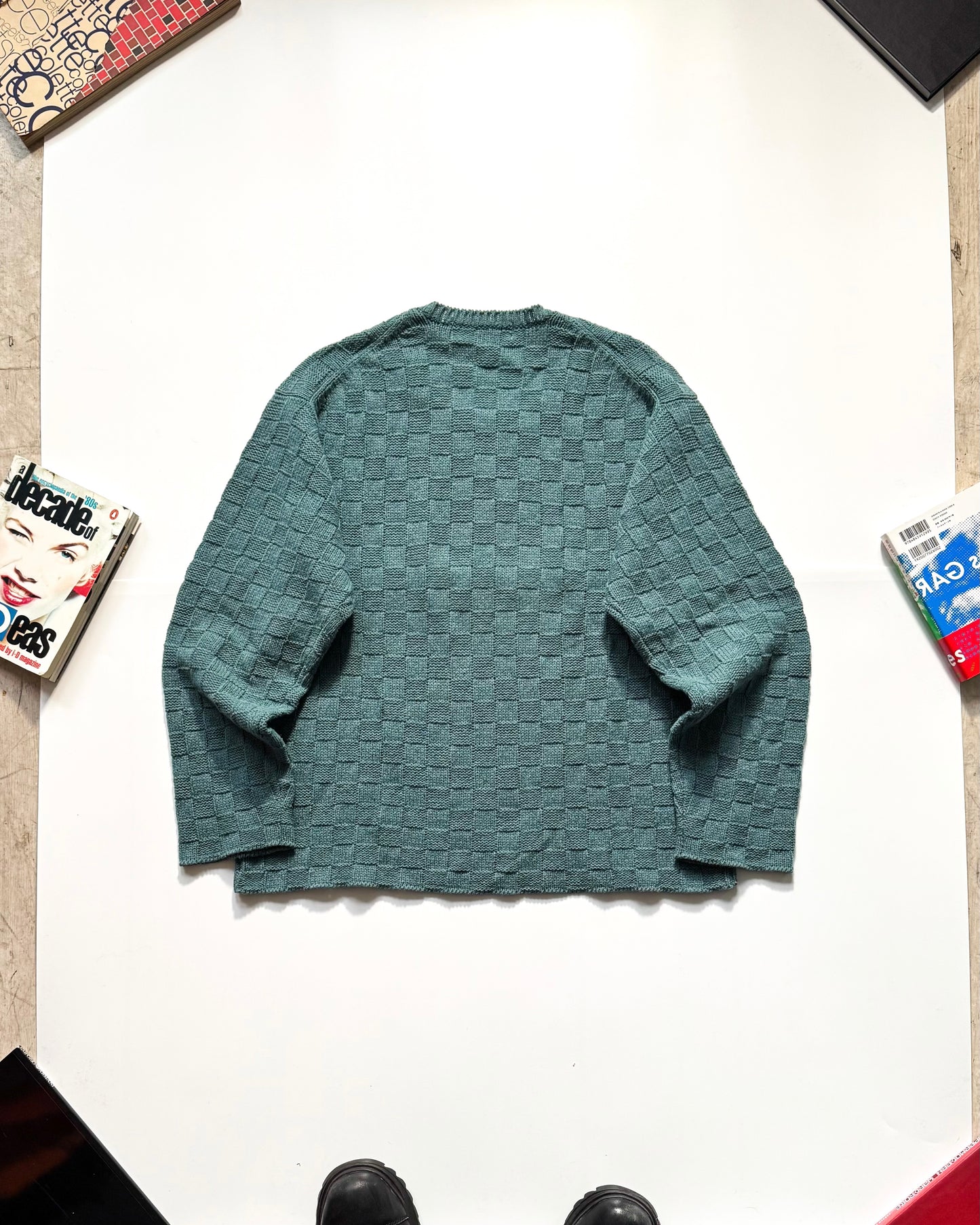 2001 Tonal Grid Pattern Washed Teal Knit Jumper (~M~)