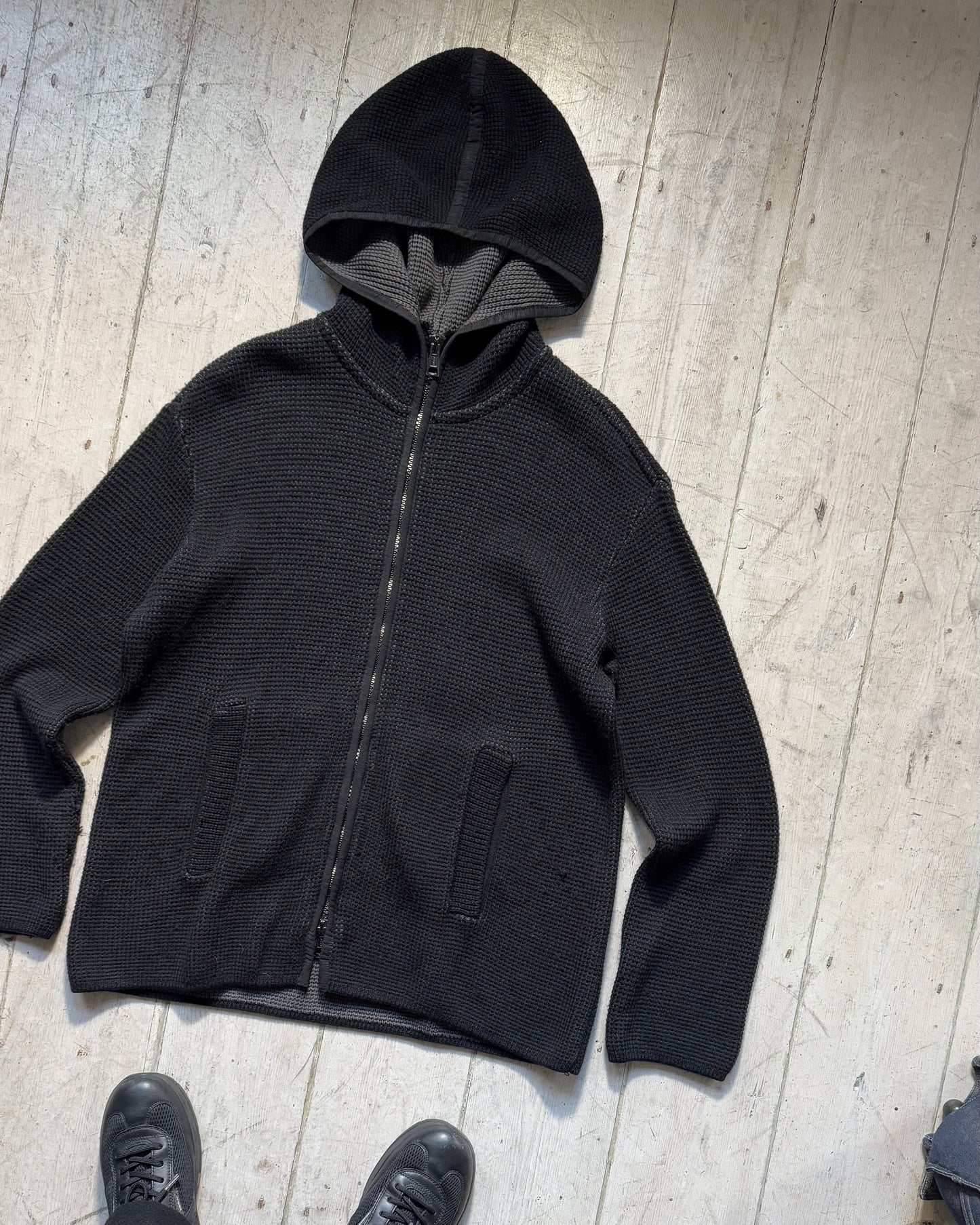 2000s Black Zip Up Waffle Knit Hoody (~XL~)