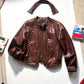 80s Wine Red Crawling Frog Motif Leather Detachable Collar Jacket (~L~)