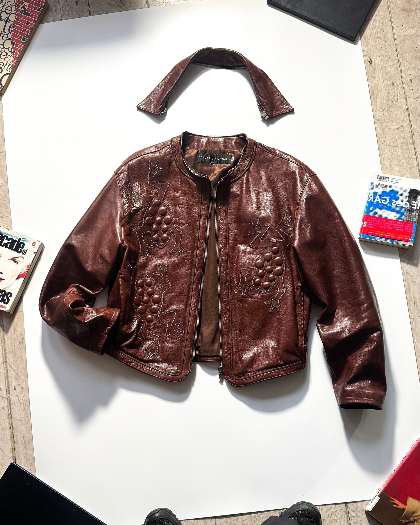 80s Wine Red Crawling Frog Motif Leather Detachable Collar Jacket (~L~)