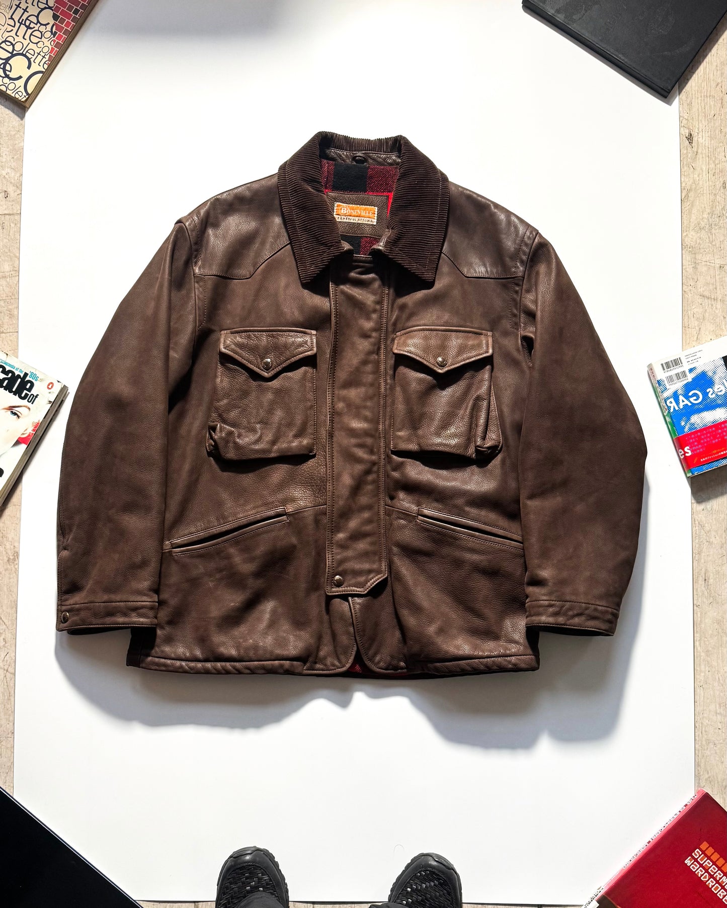 90s Brown Lined Corduroy Collar Field Leather Jacket (L~XL)