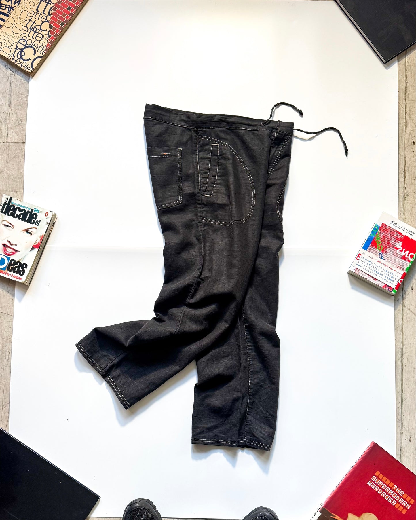 2000s Traced Pocket Contrast Stitch Linen Cotton Poly Washed Black Trousers  (28~30)