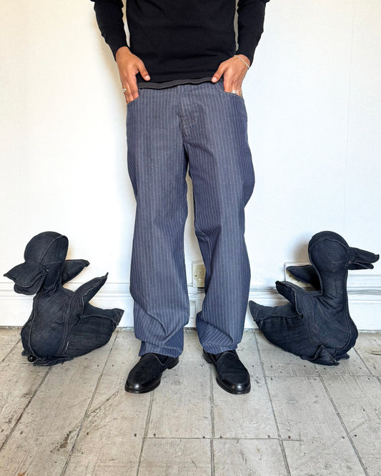 Early 2000s Deep Chambray Blue Pinstriped Trousers  (32~34)
