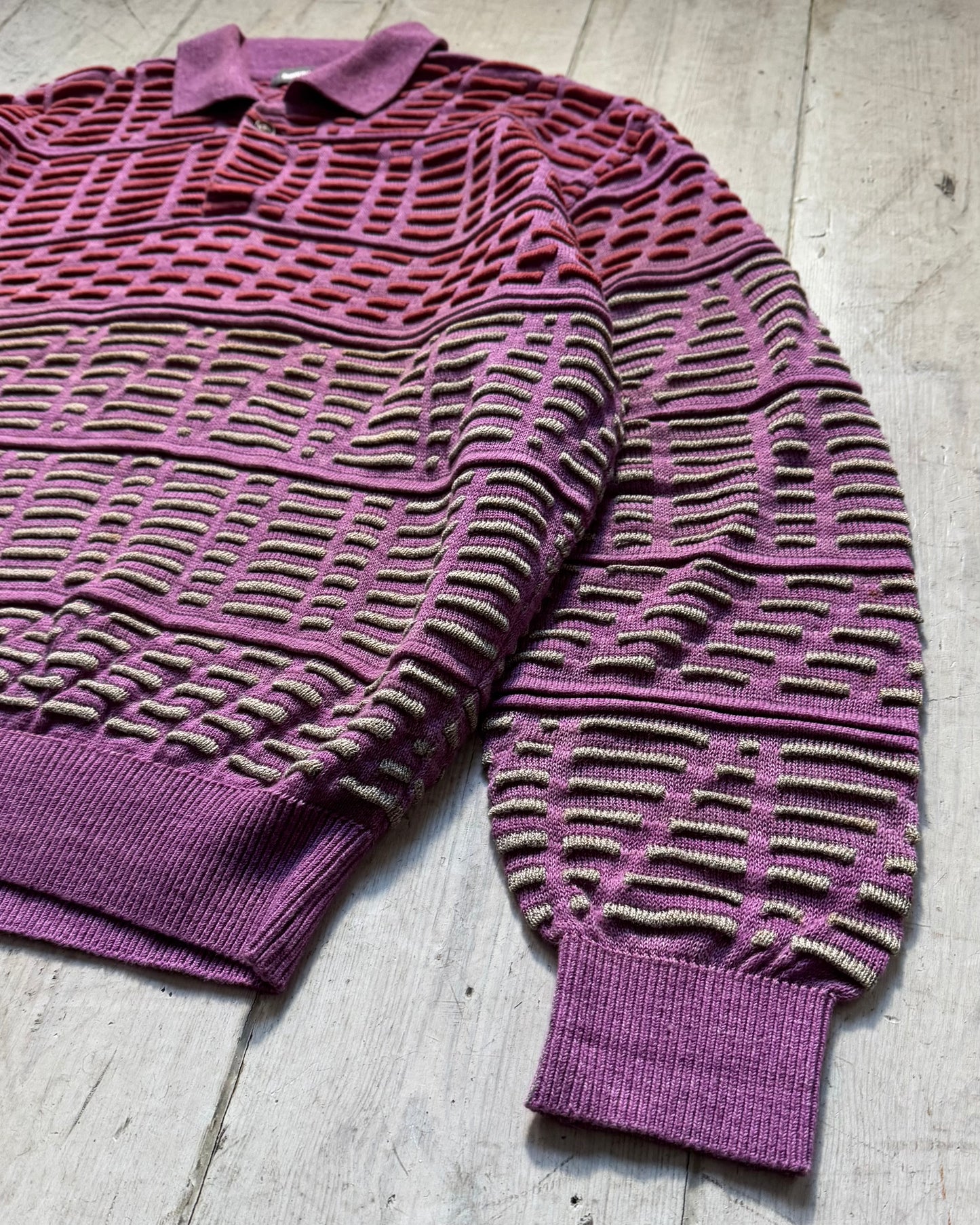 SS 1989 Purple / Red 3D Striped Pattern Knit LS Polo Jumper (~L~)