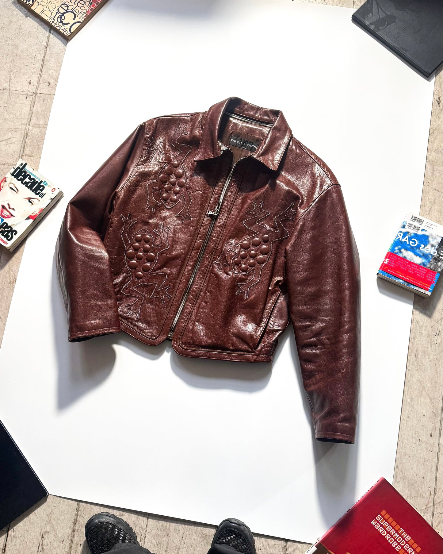 80s Wine Red Crawling Frog Motif Leather Detachable Collar Jacket (~L~)