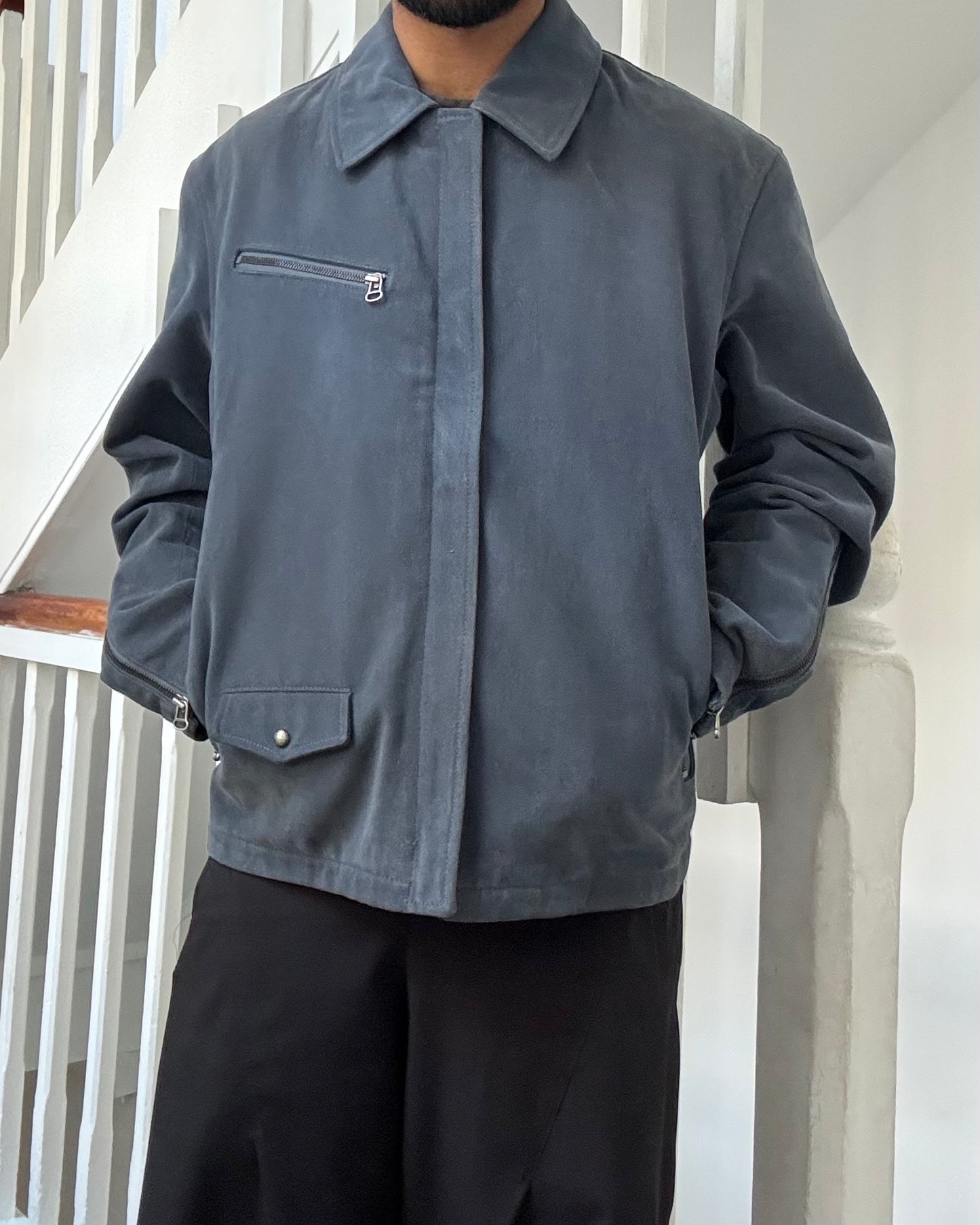 2000s Cold Grey Moleskine  Asymmetrical Detachable Fleece Collar Moto Jacket (~M~)