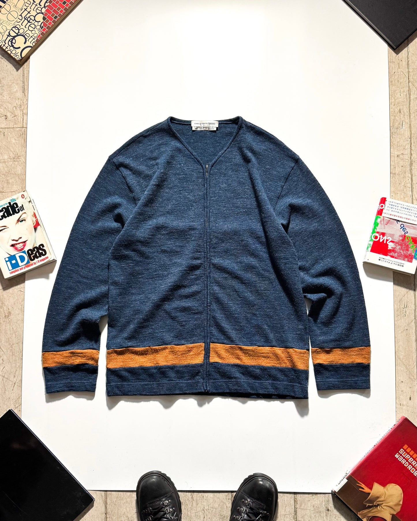 90s Heather Blue / Orange Stripe Knit Zip Up Cardigan (~L~)