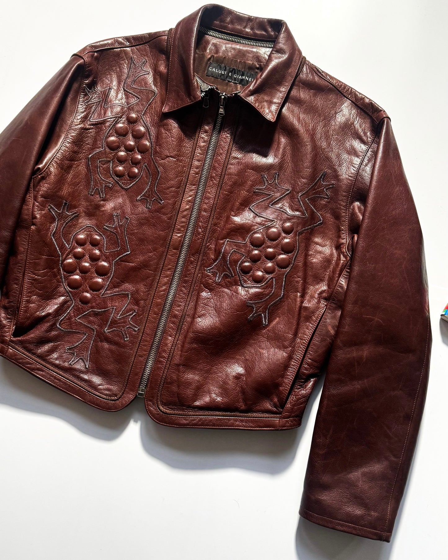 80s Wine Red Crawling Frog Motif Leather Detachable Collar Jacket (~L~)