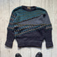 Late 70s / 80s Blue Geometric Zig Zag Pattern Panelled Jumper (~M~)