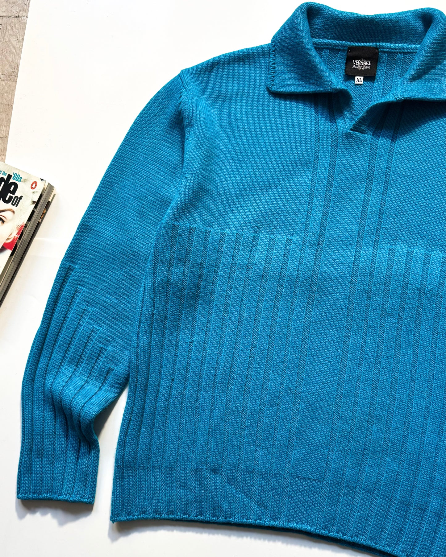 Early 2000s Vivid Blue Collared Chunky Ribbed Knit Jumper (~L~)
