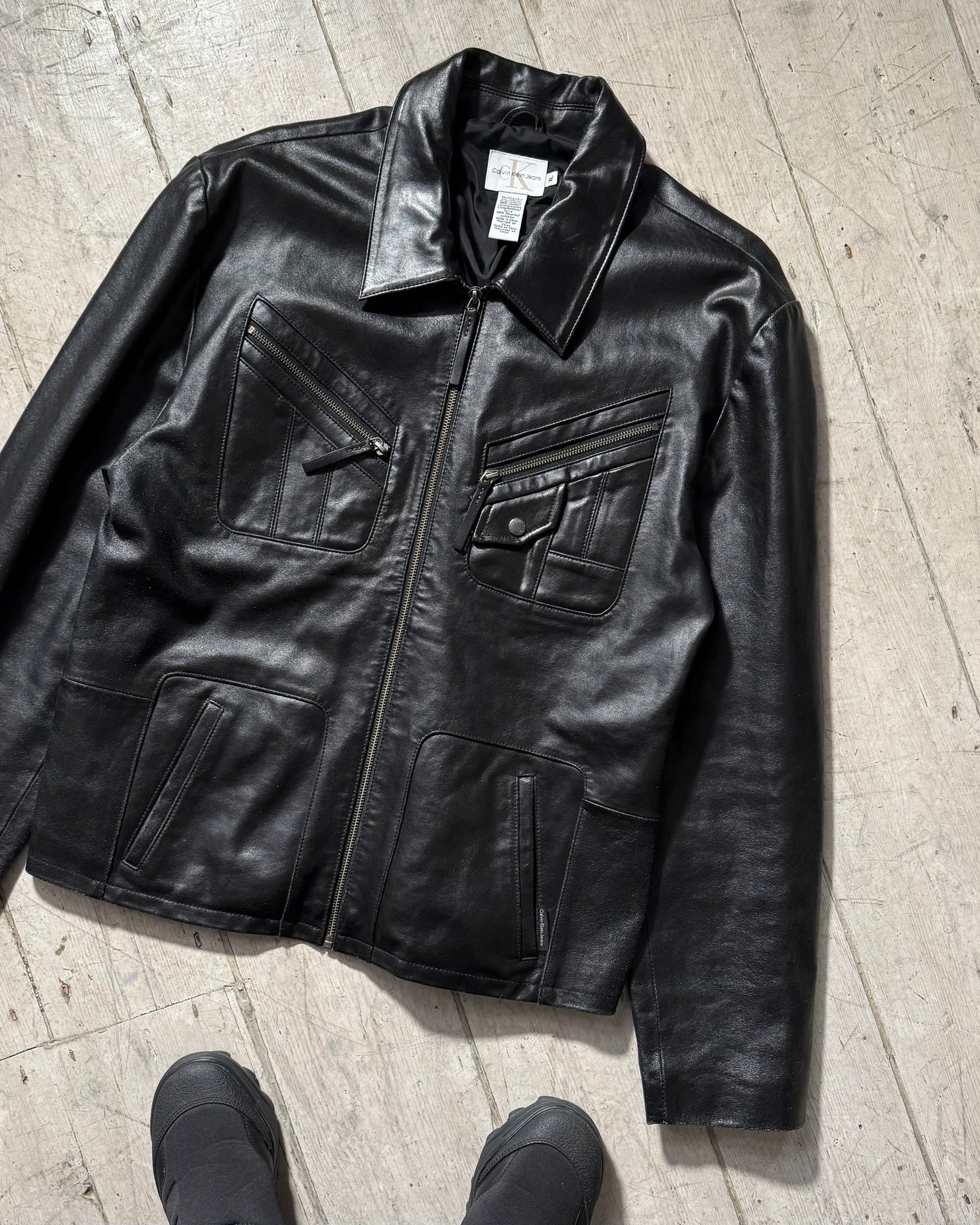 Black Panelled Cargo Leather Jacket (~XL~)