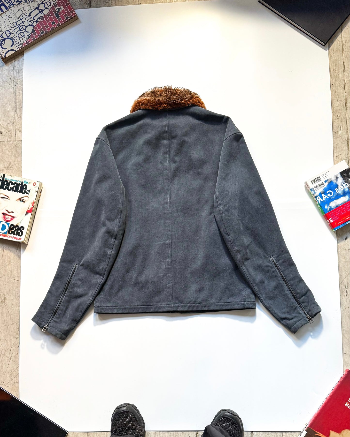 2000s Cold Grey Moleskine  Asymmetrical Detachable Fleece Collar Moto Jacket (~M~)