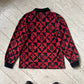 90s Velour Fleur de Lis / Medieval Pattern Velour Button Up Collared / Rugby Jumper (~L~ )