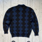 80s Blue Black Diamond Pattern Quarter Button Up Knit Sweater / Jumper (M~L)