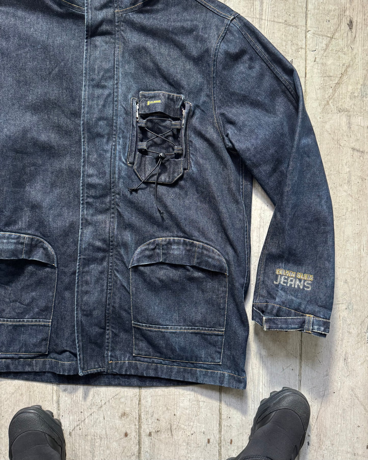 90s Drawcord Adjustment Toggle Feature Denim Parka Jacket (~XL~)