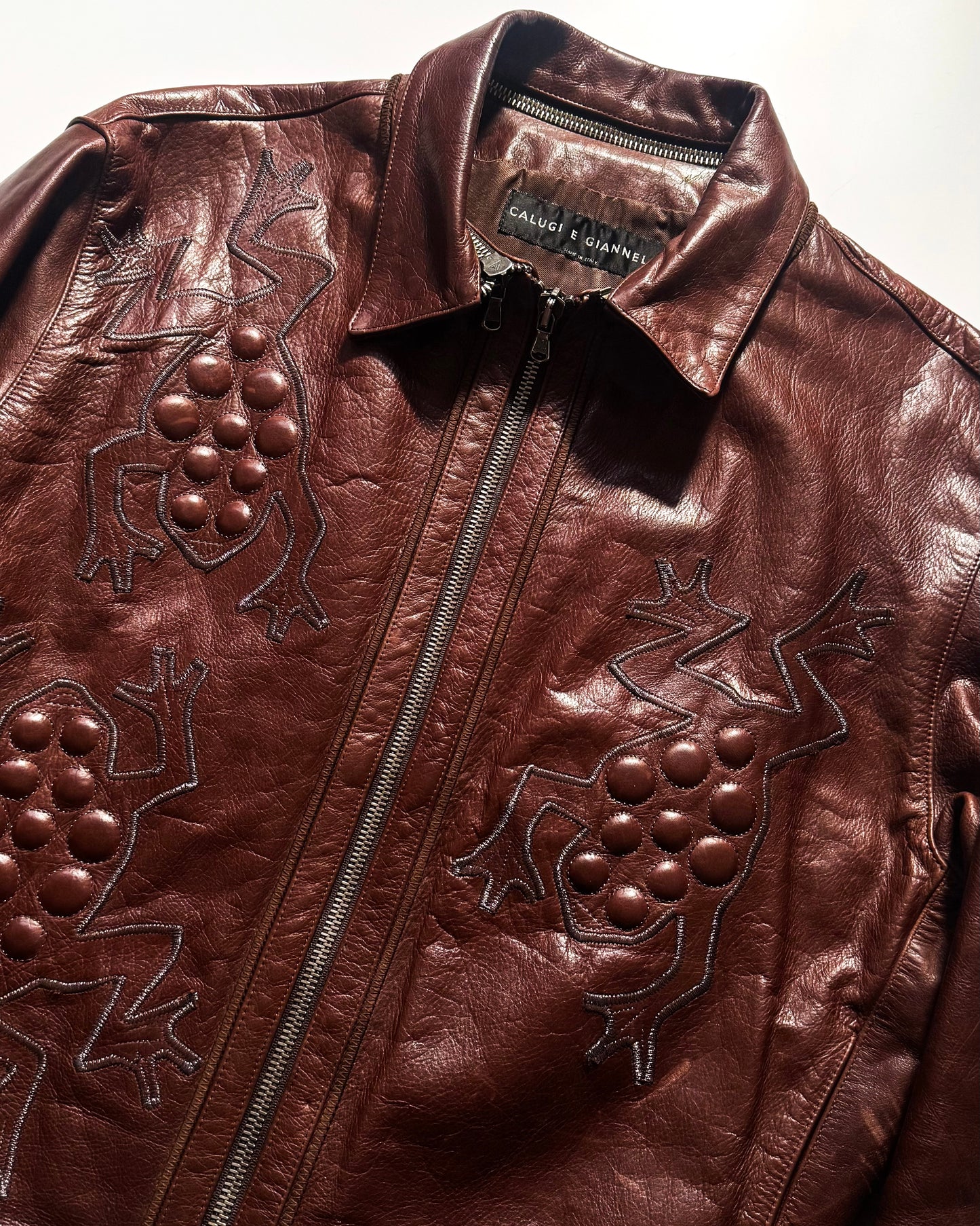 80s Wine Red Crawling Frog Motif Leather Detachable Collar Jacket (~L~)