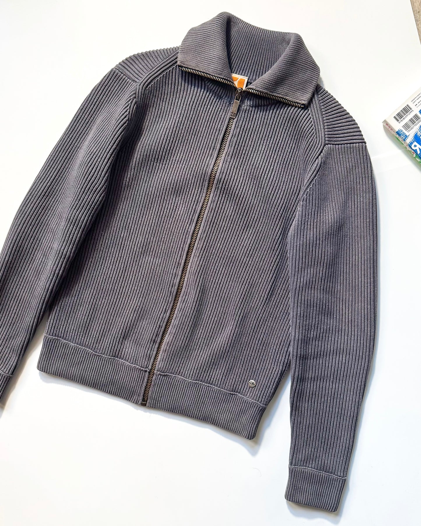 2000s Grey Thick Ribbed Knit Zip Up Jumper (~ S~)