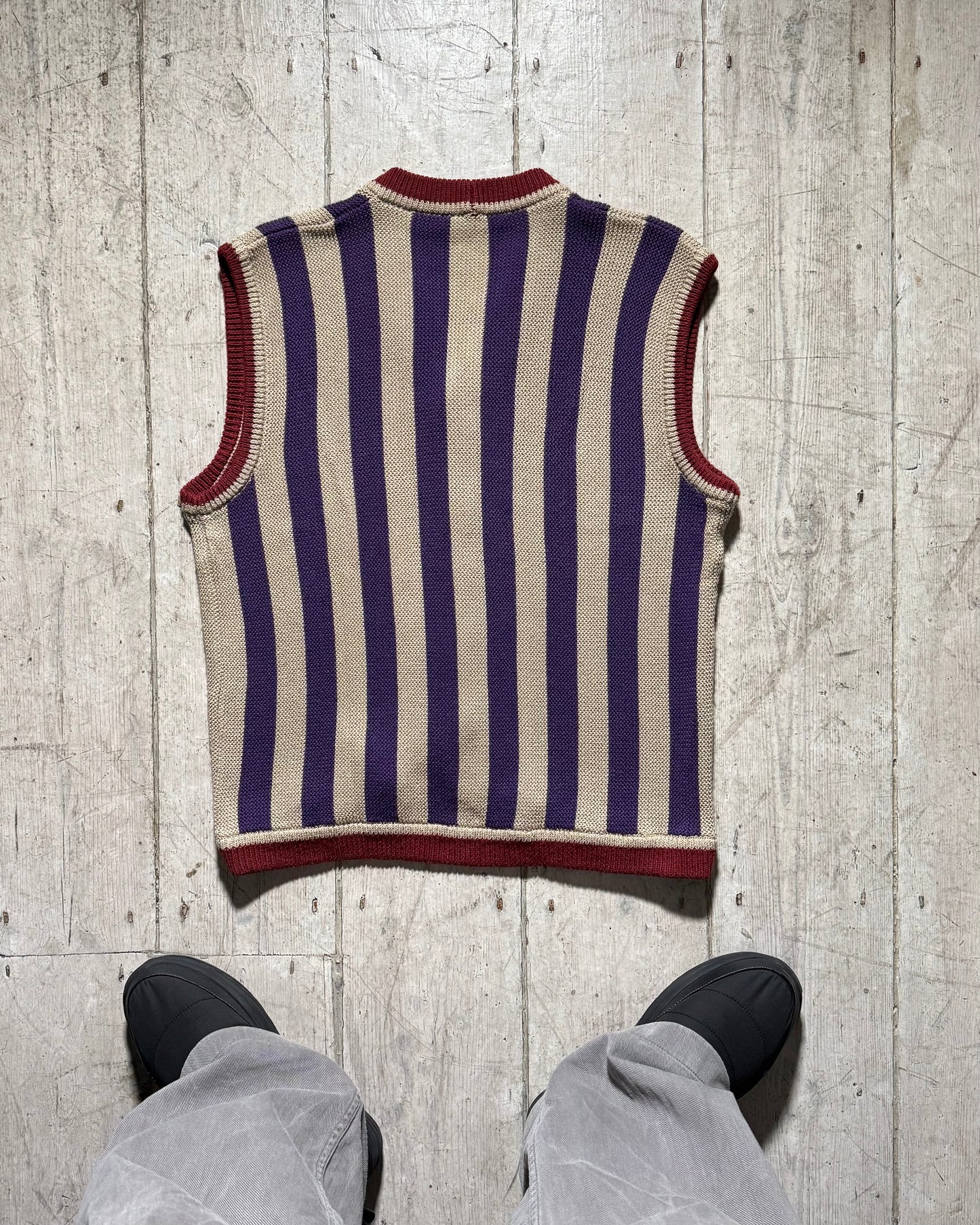 90s Beige Purple Burgundy Vertical Striped Knit Vest (~M~)