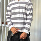 Black White Striped Longsleeve Polo Top (~S~)