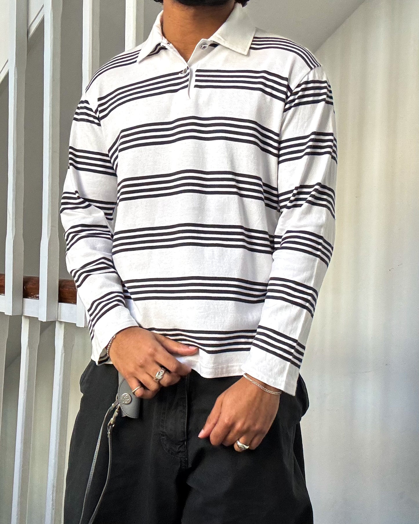 Black White Striped Longsleeve Polo Top (~S~)