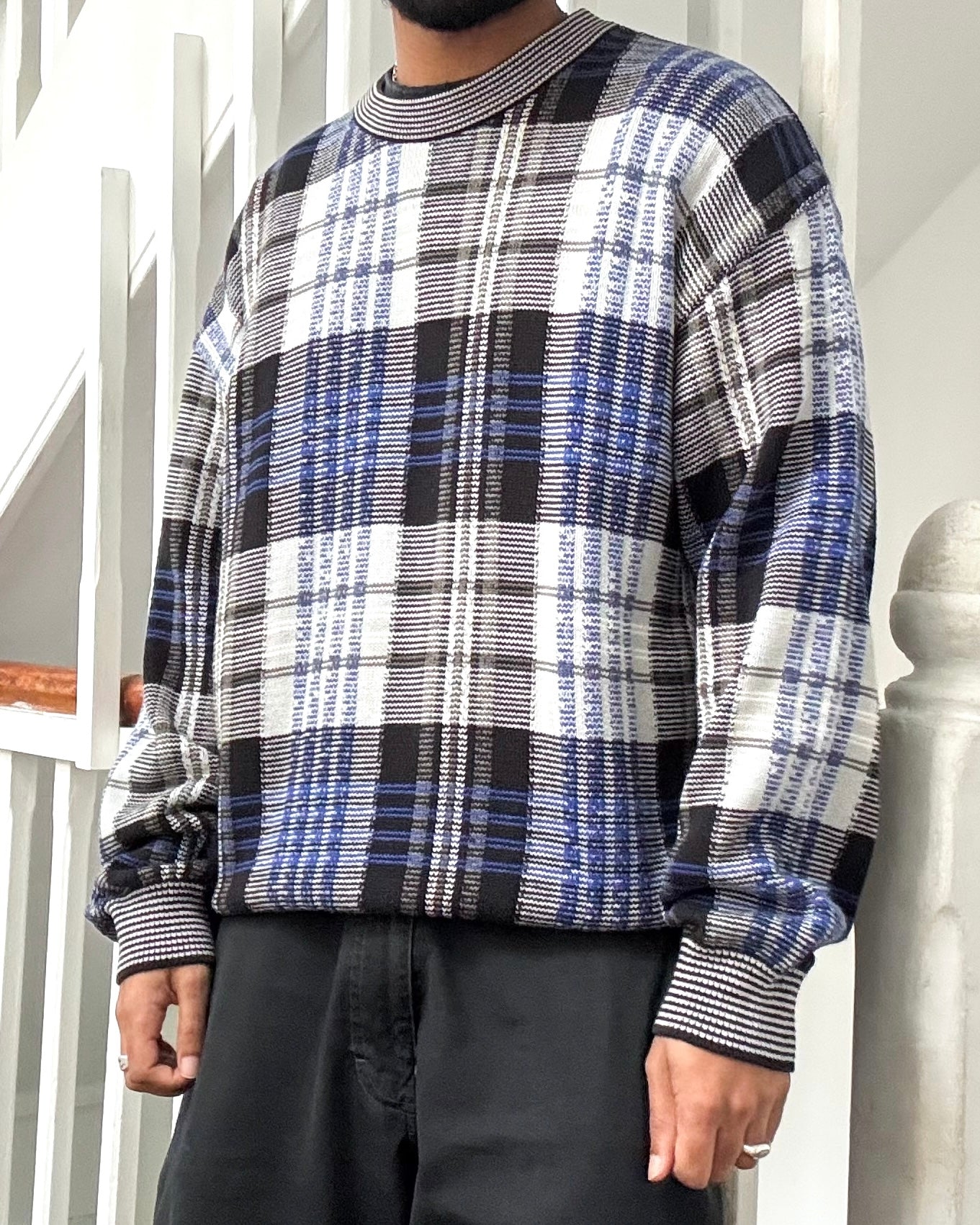 SS1993 Asymmetrical  Blue Black Plaid Knit Jumper Knit Sweater / Jumper (~M~)