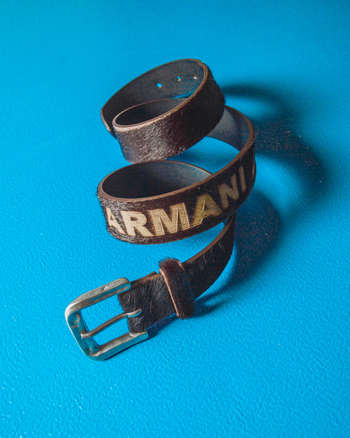 Early 2000s Deep Brown Pony Fur Engraved Logo Leather Belt (90105)