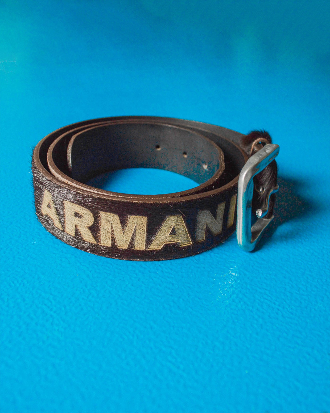 Early 2000s Deep Brown Pony Fur Engraved Logo Leather Belt (90105)