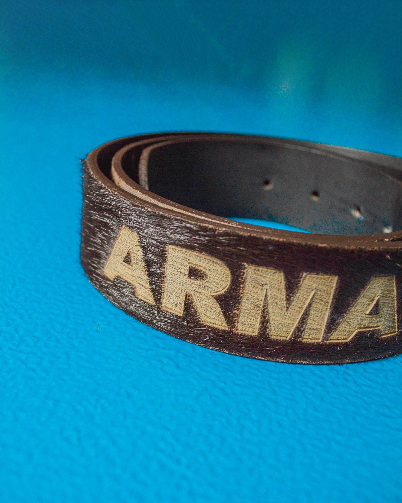 Early 2000s Deep Brown Pony Fur Engraved Logo Leather Belt (90105)