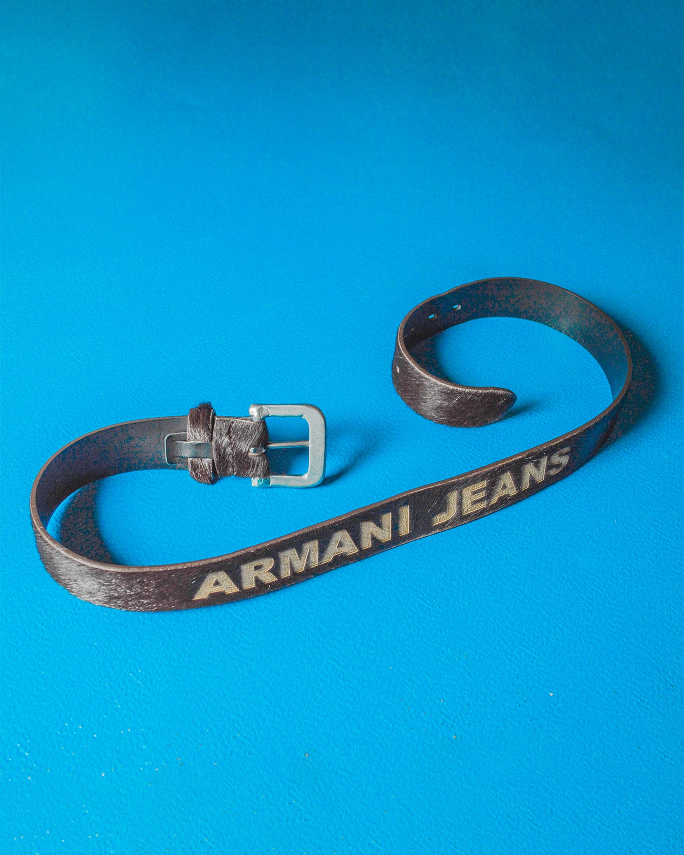 Early 2000s Deep Brown Pony Fur Engraved Logo Leather Belt (90105)