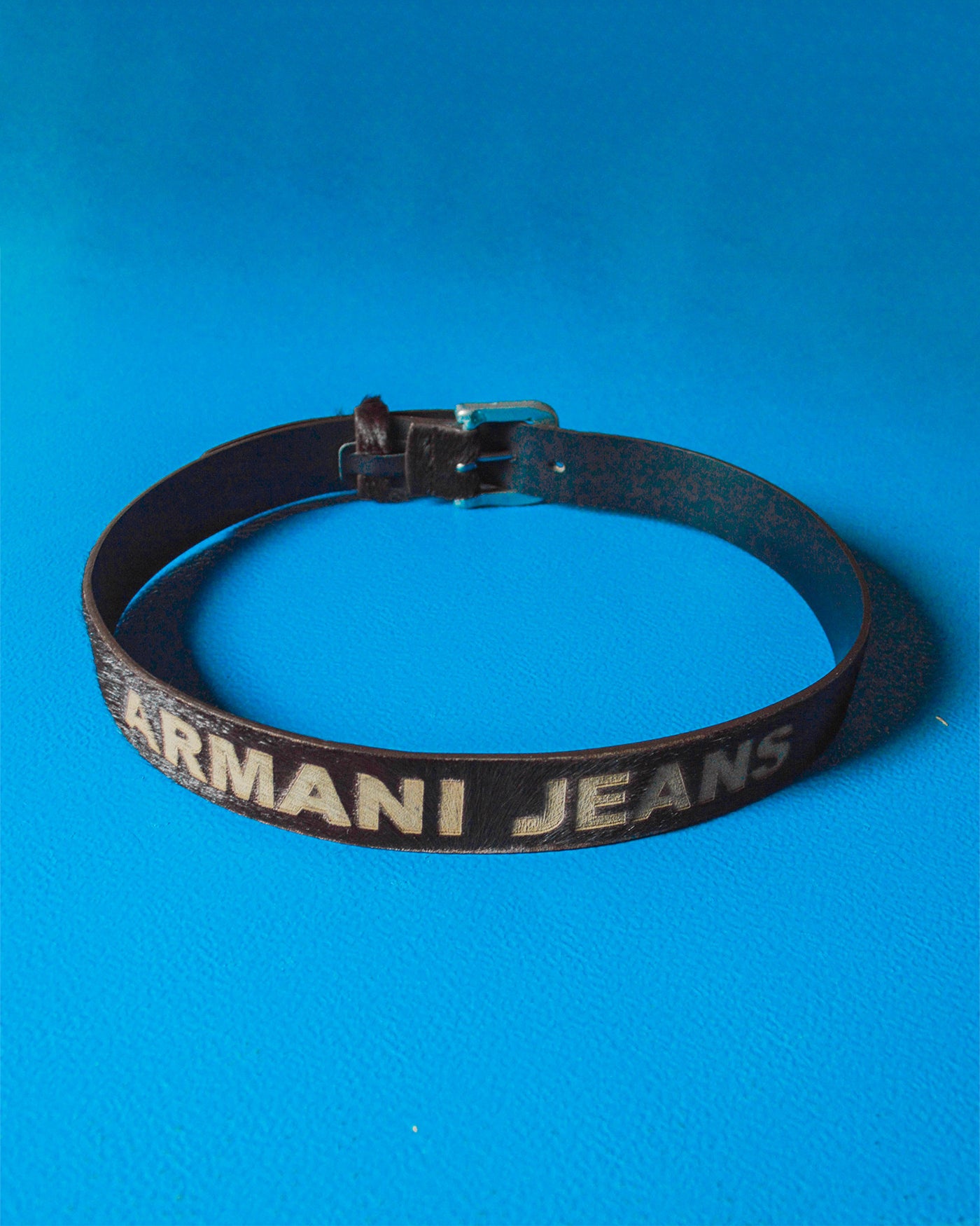 Early 2000s Deep Brown Pony Fur Engraved Logo Leather Belt (90105)