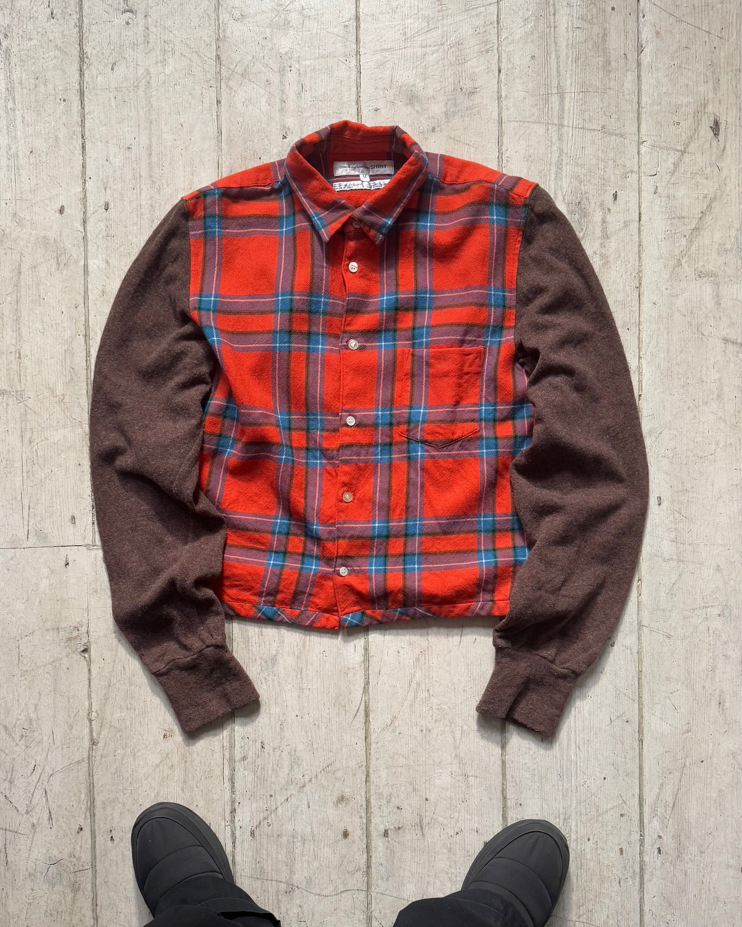 90s Red Plaid Contrast Body Wool Over Shirt  (S~M)