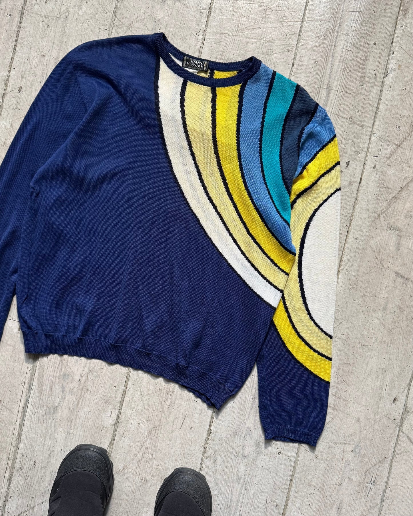 90s Blue Asymmetrical Ripple Pattern Knit Jumper (~M~)