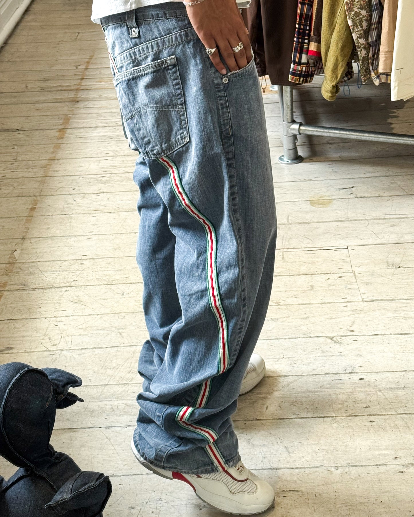 Early 2000s Red/Green Striped Wrap Around Jeans  (30 + 36 + 38 )