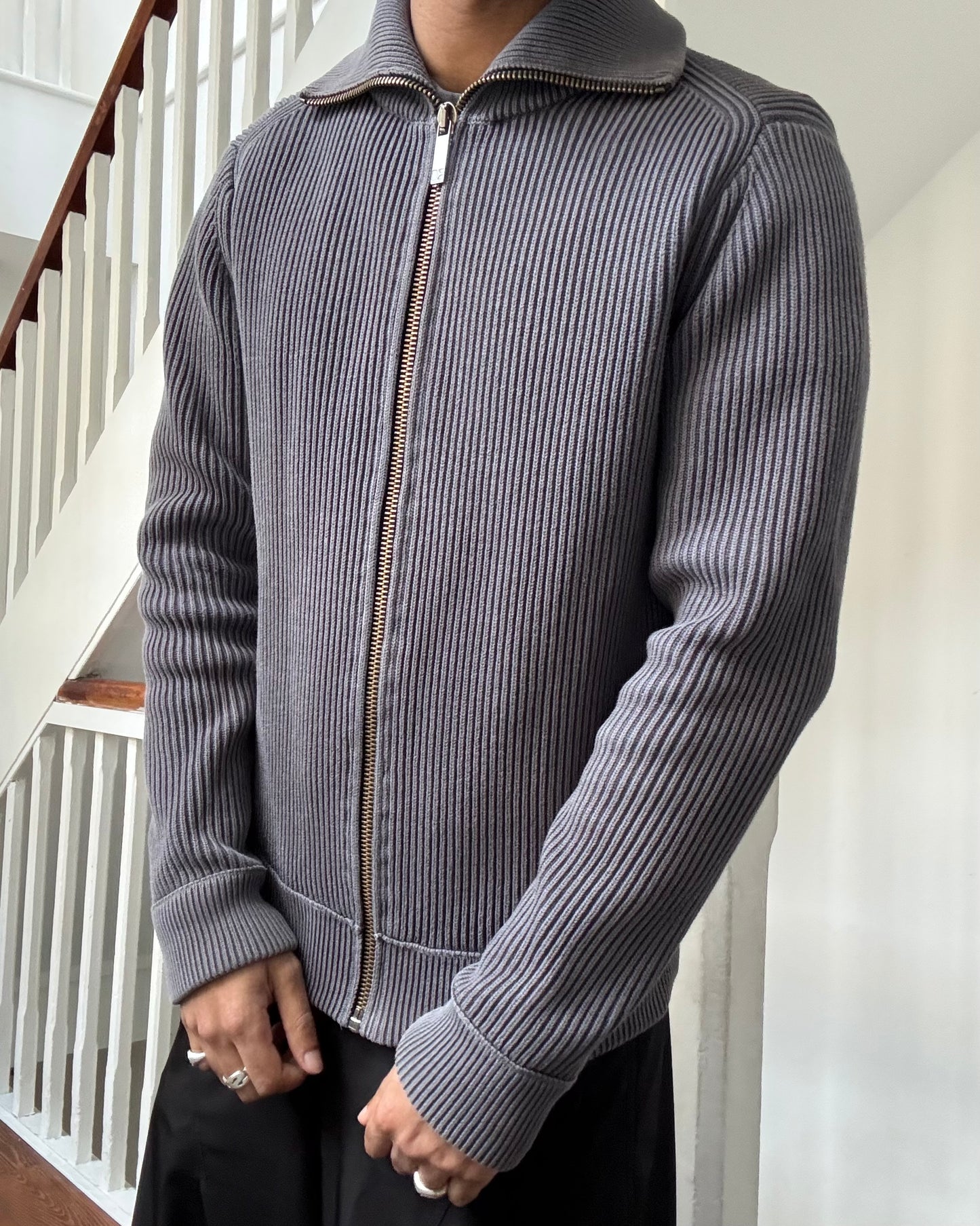 2000s Grey Thick Ribbed Knit Zip Up Jumper (~ S~)