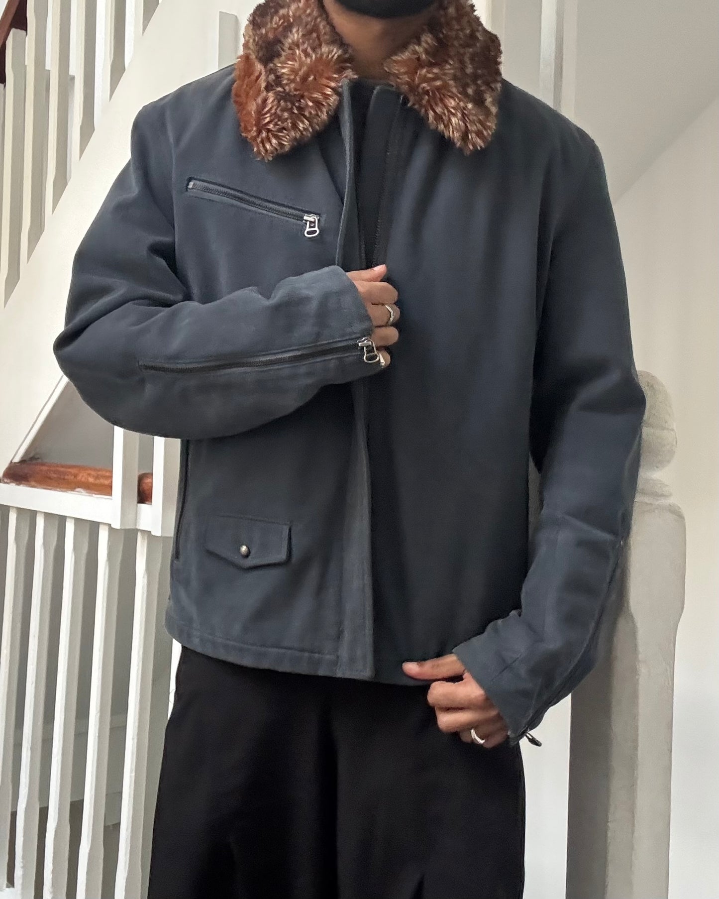 2000s Cold Grey Moleskine  Asymmetrical Detachable Fleece Collar Moto Jacket (~M~)