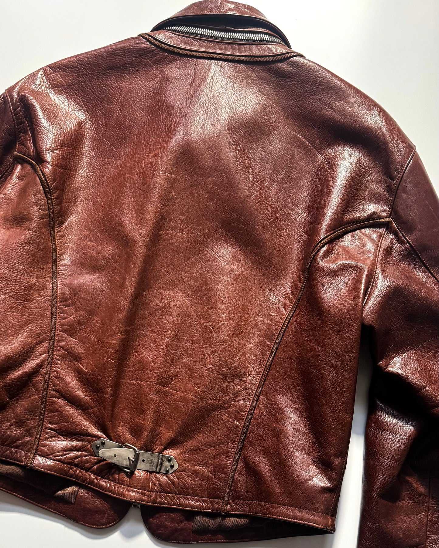 80s Wine Red Crawling Frog Motif Leather Detachable Collar Jacket (~L~)
