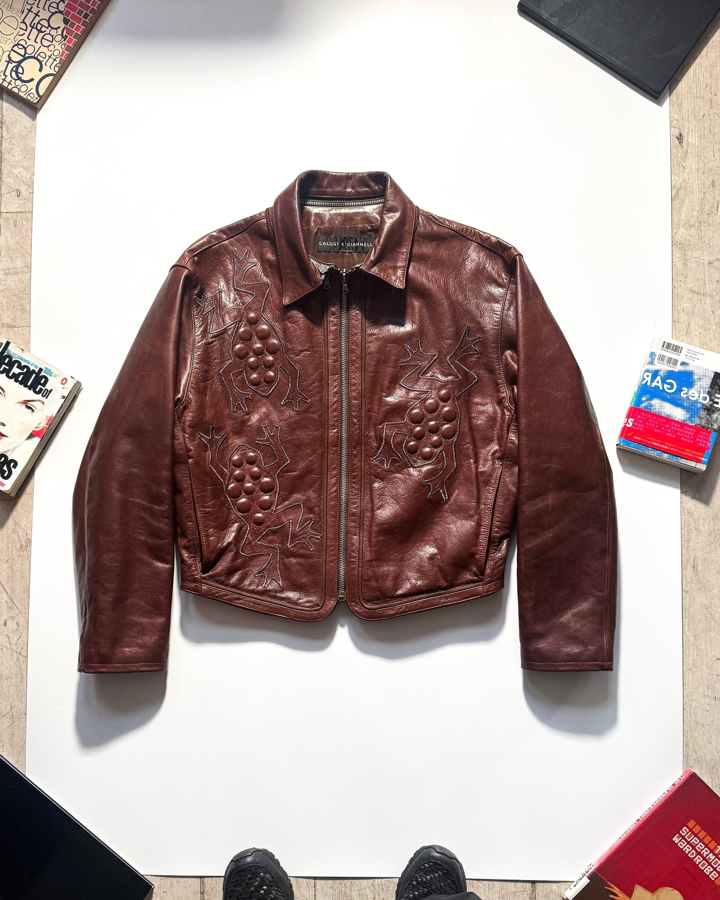 80s Wine Red Crawling Frog Motif Leather Detachable Collar Jacket (~L~)