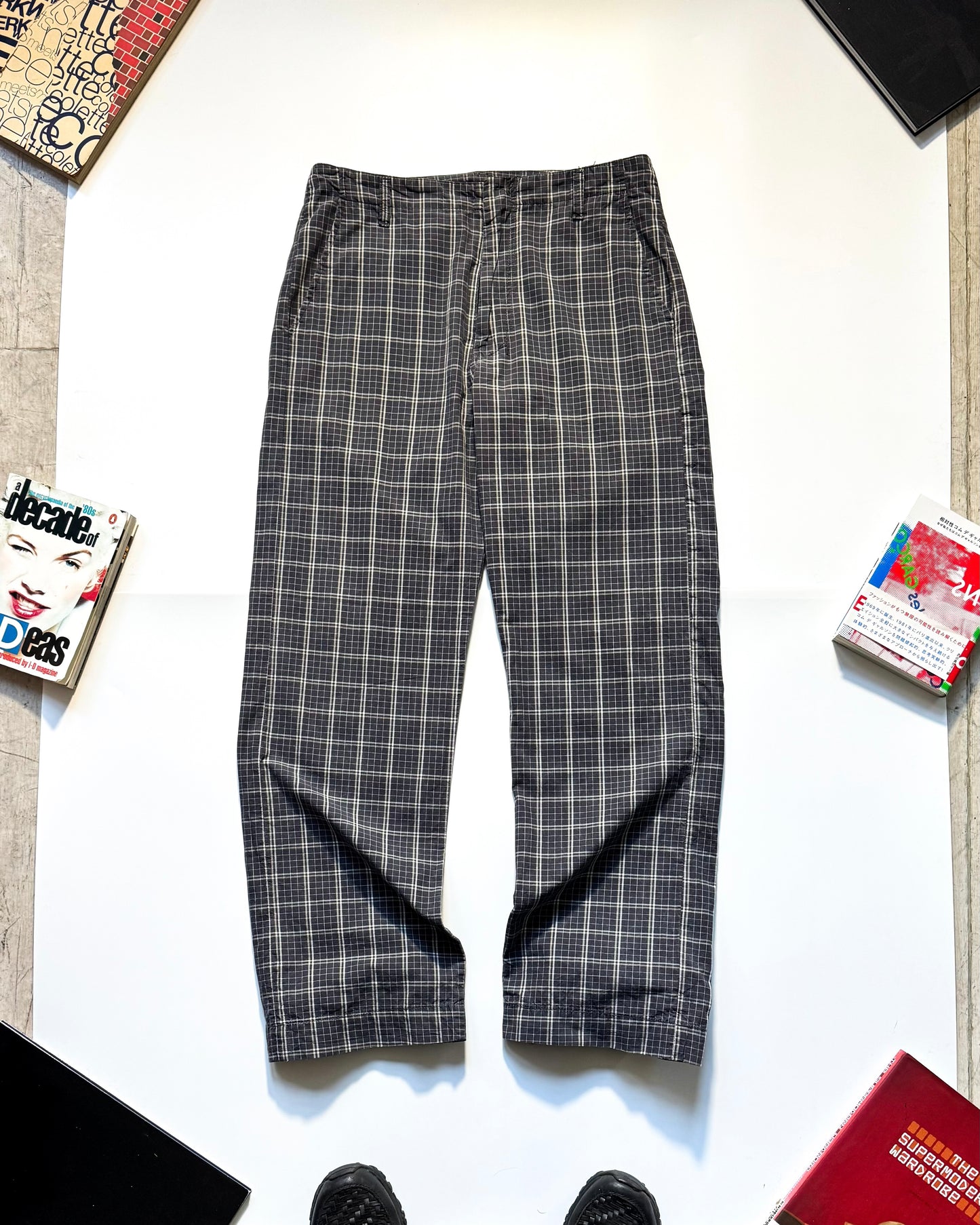90s Washed Navy Check / Grid  Pants (29~31)