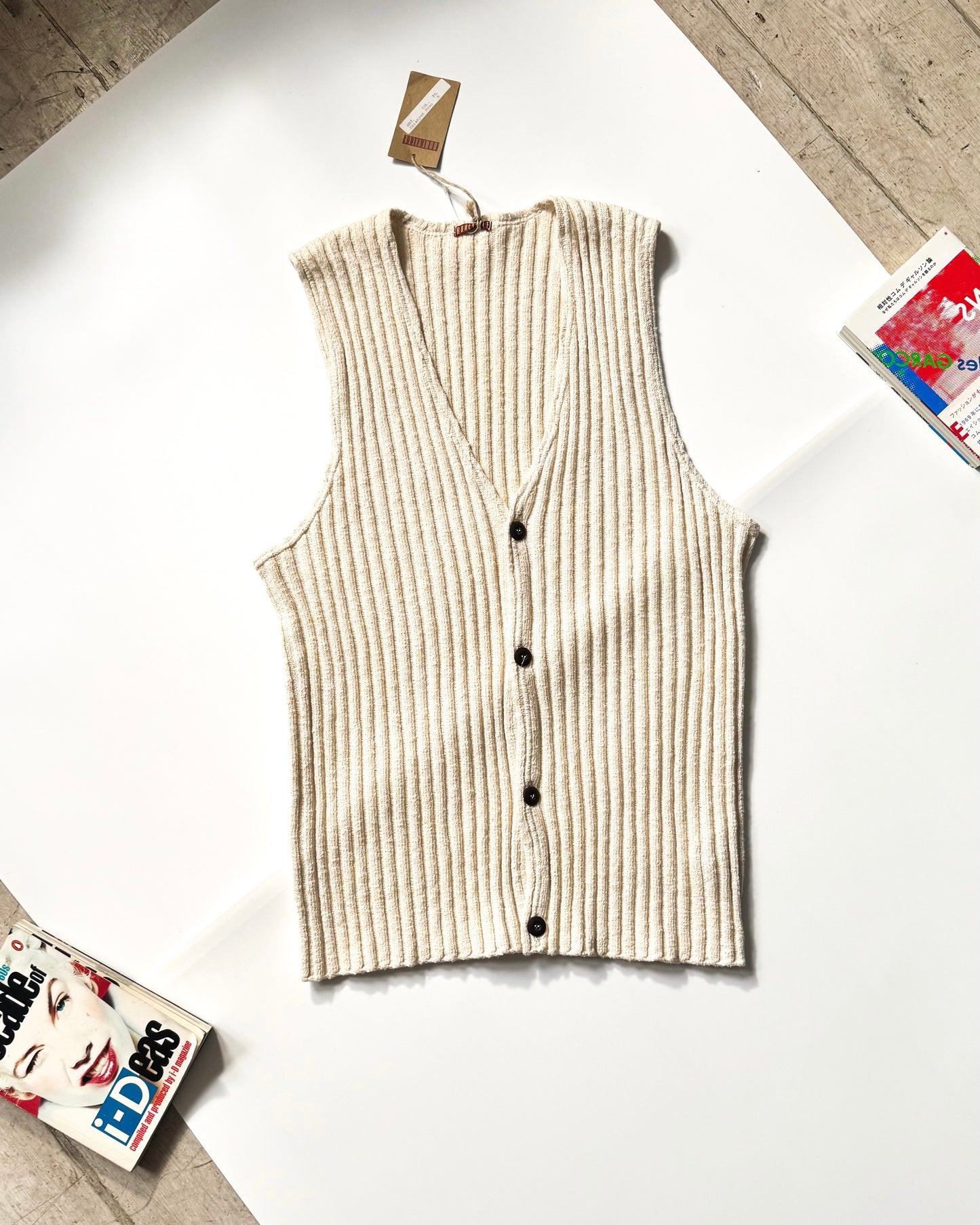 90s Ribbed Cream Knit Vest (~L~)