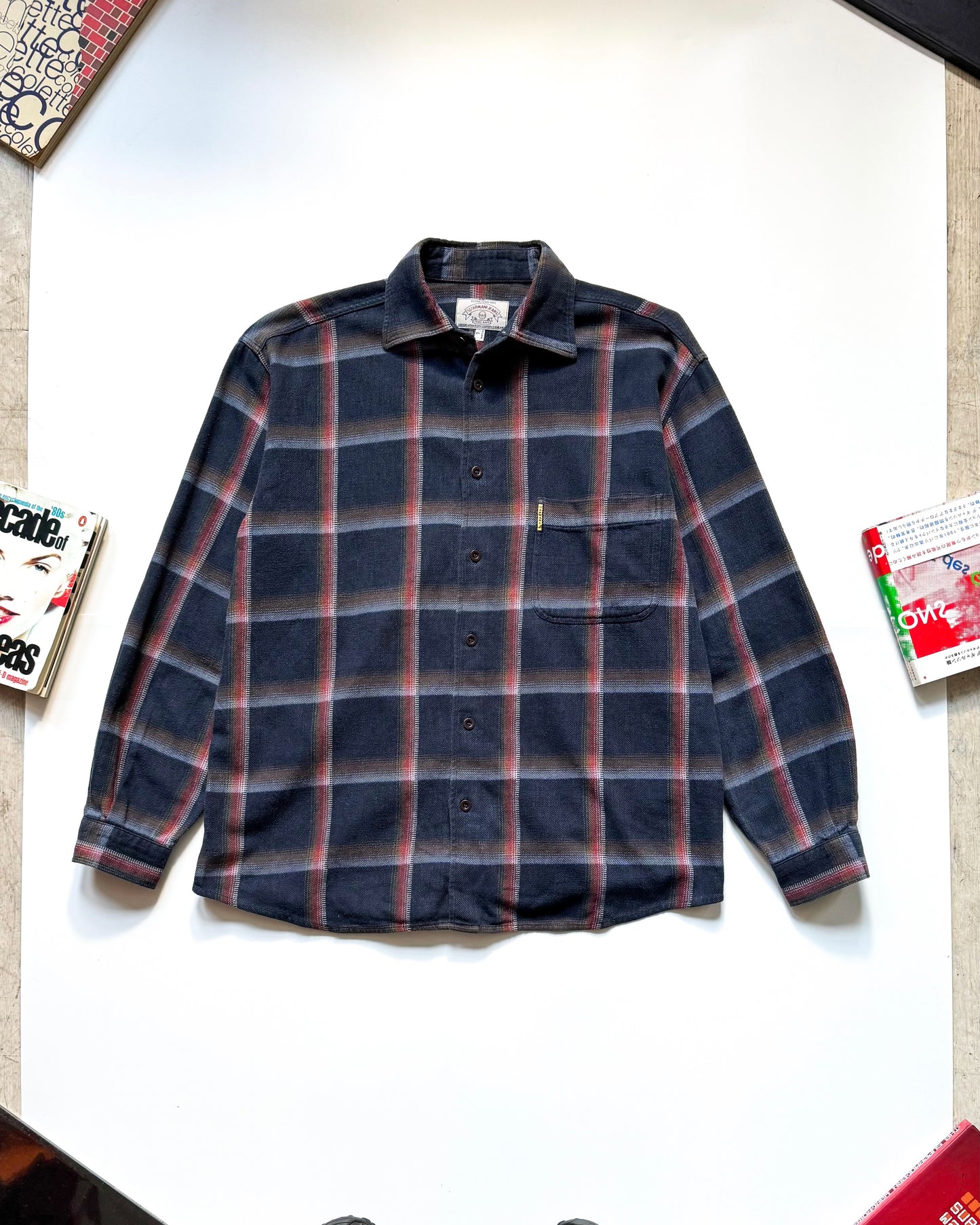90s Woven Navy Woven Shadow Plaid Style Flannel /  Overshirt Shirt  (~L~)