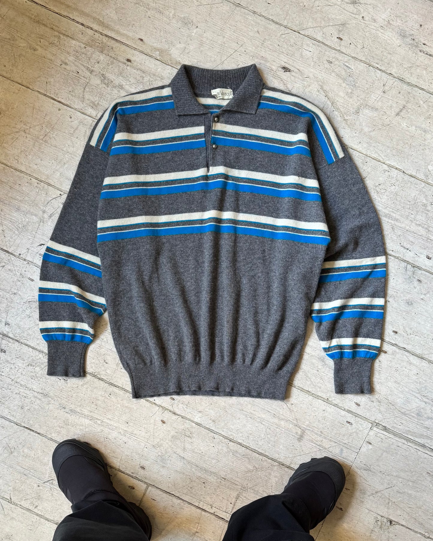 80s Light Weight Button Up Striped Polo Knit Jumper (M~L)