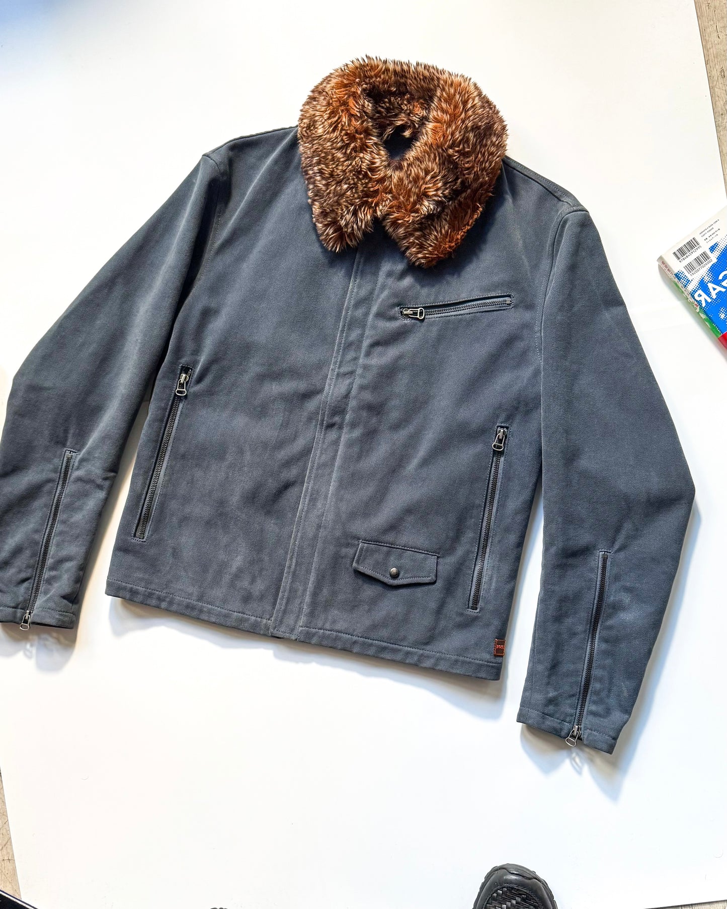 2000s Cold Grey Moleskine  Asymmetrical Detachable Fleece Collar Moto Jacket (~M~)