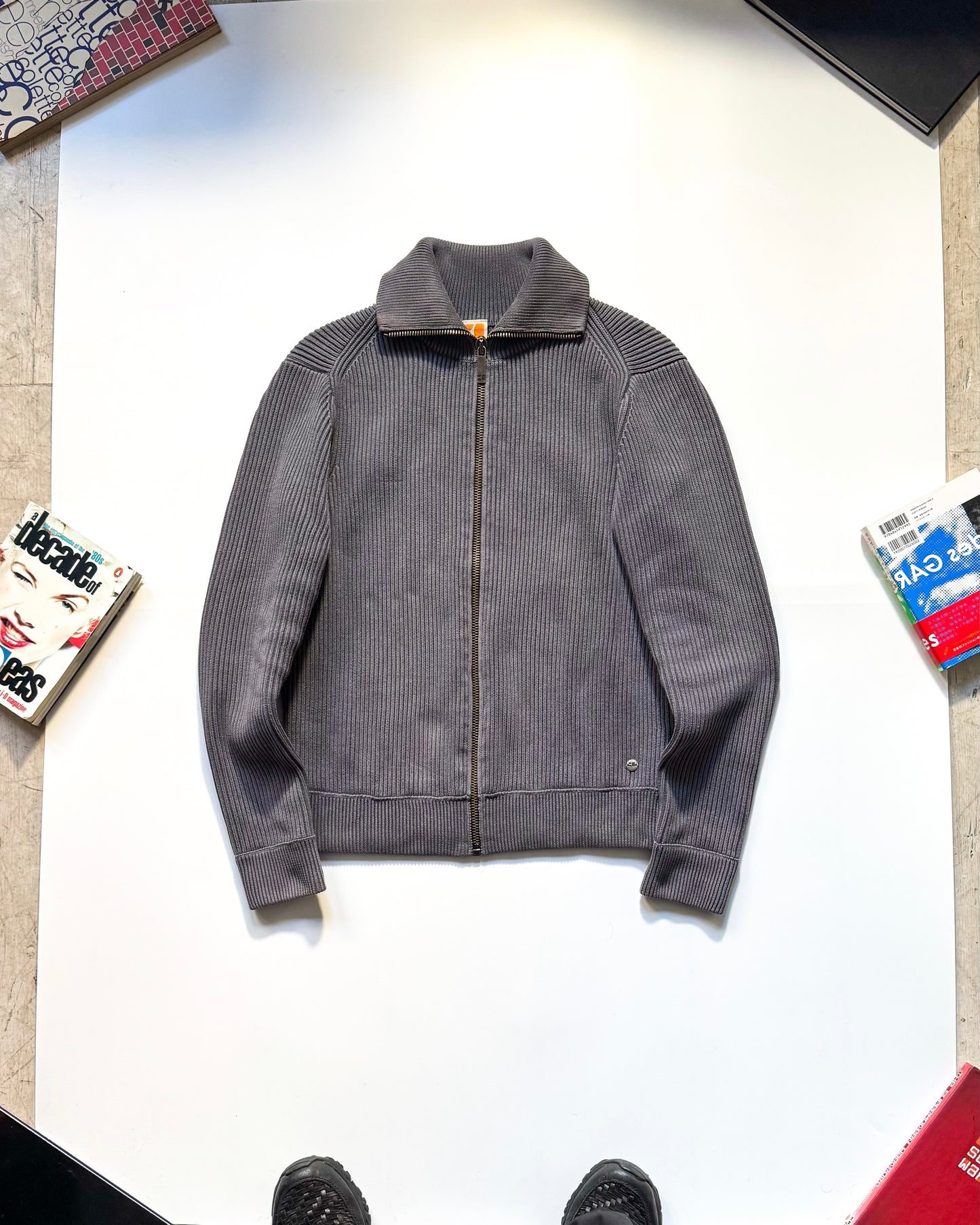 2000s Grey Thick Ribbed Knit Zip Up Jumper (~ S~)