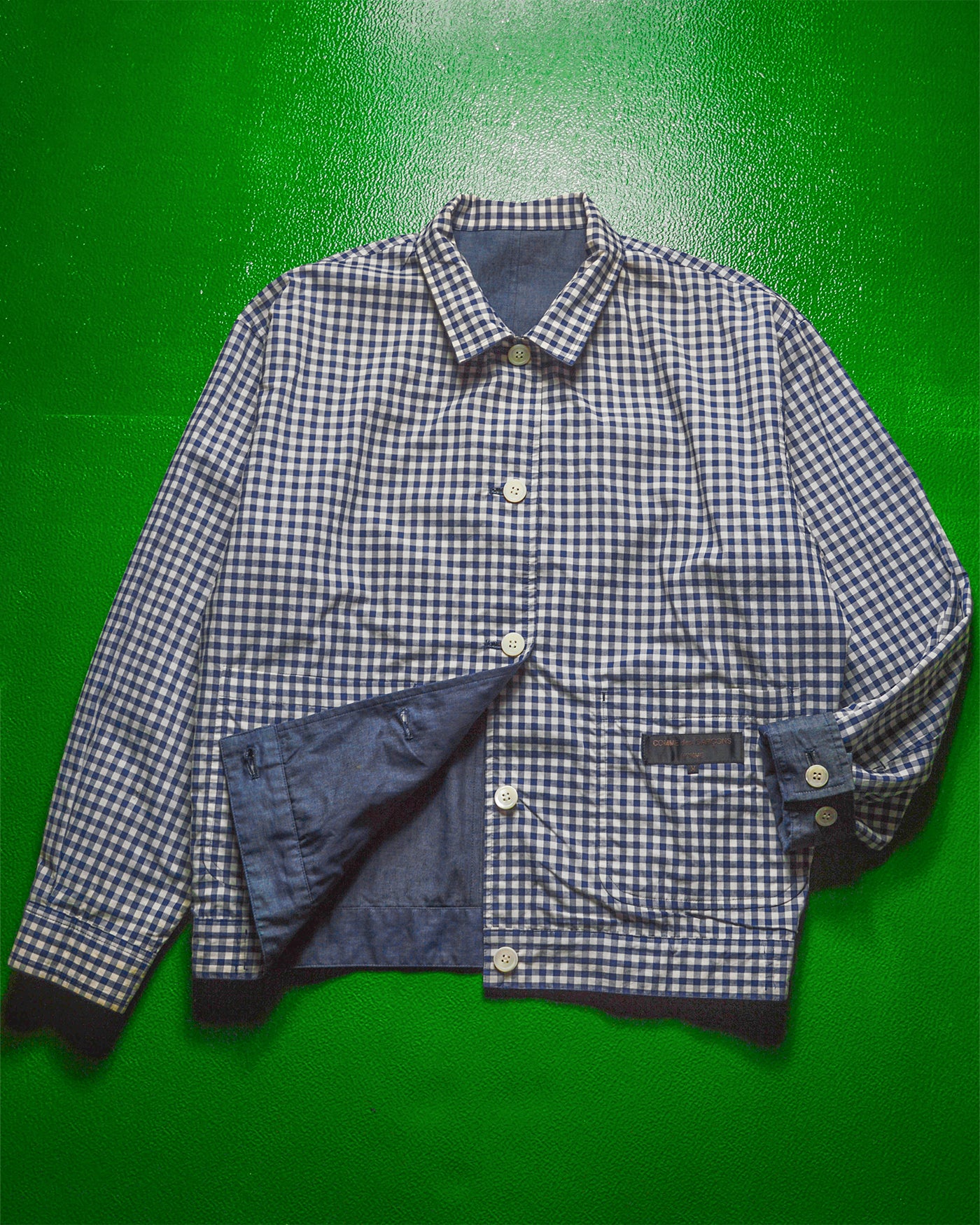 1990 Reversible Navy Blue Chambray  Gingham Jacket (~M~)