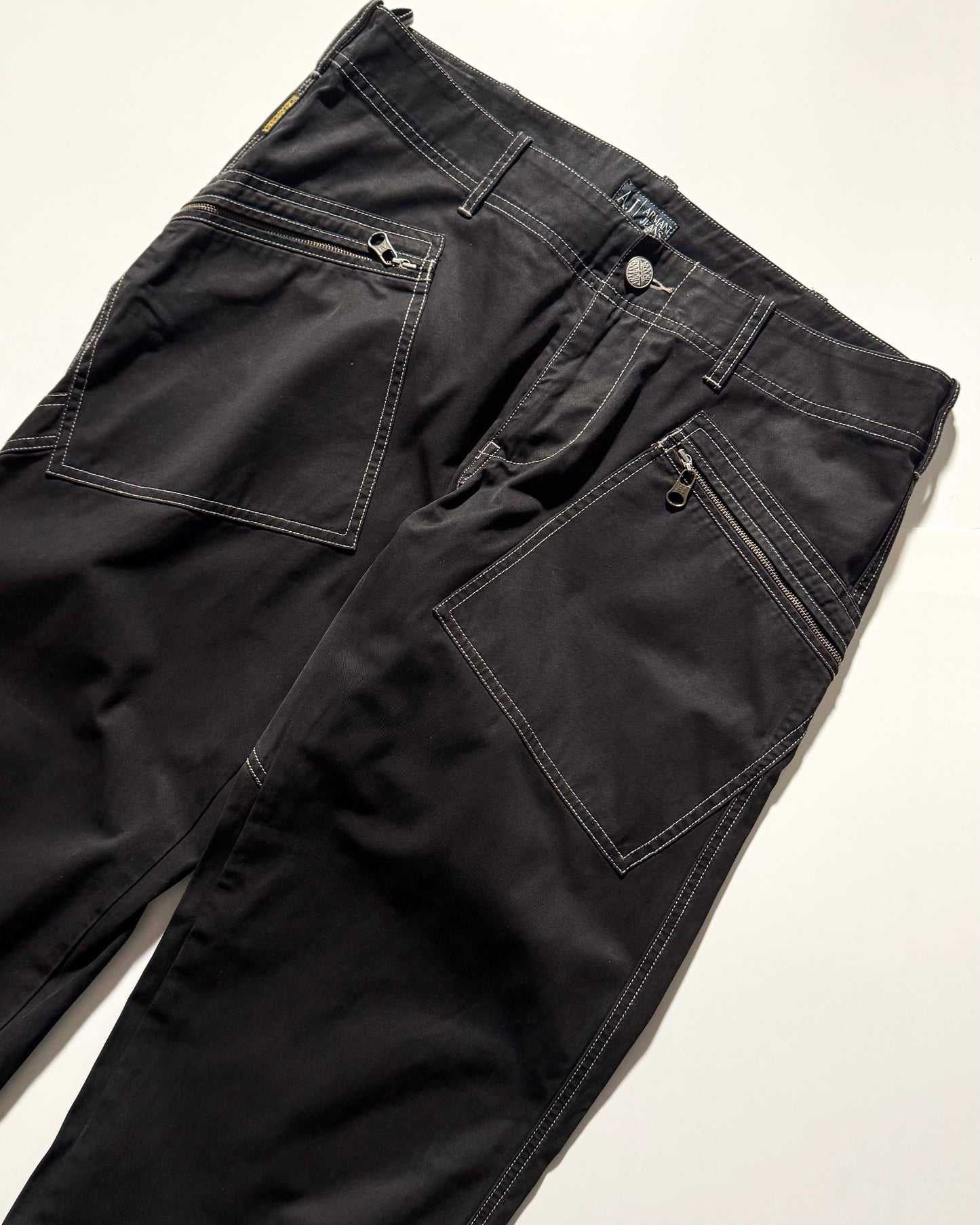 Early 2000s  Black Asymmetrical Wrap Around Pocket Panelled  Cargo Trousers  (36~38)