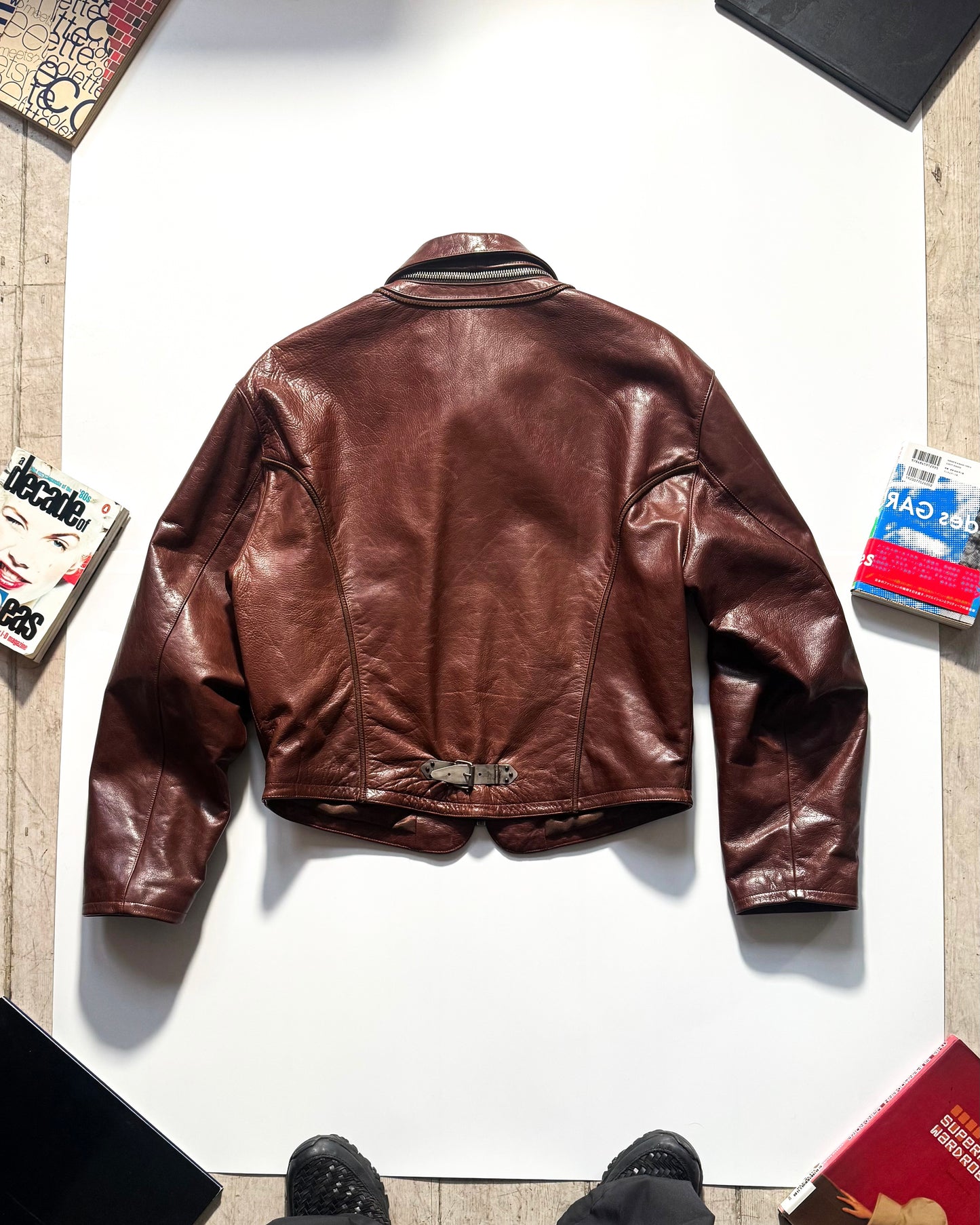 80s Wine Red Crawling Frog Motif Leather Detachable Collar Jacket (~L~)