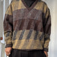 80s Brown Grey Diagonal V-neck Knit Sweater / Jumper (~L~)