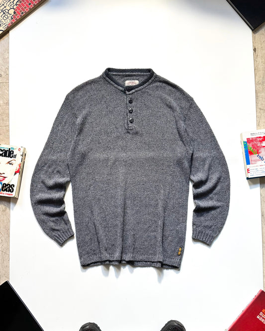 90s Washed Blue Henley Loose Gauge Knit Jumper (~XL ~ )