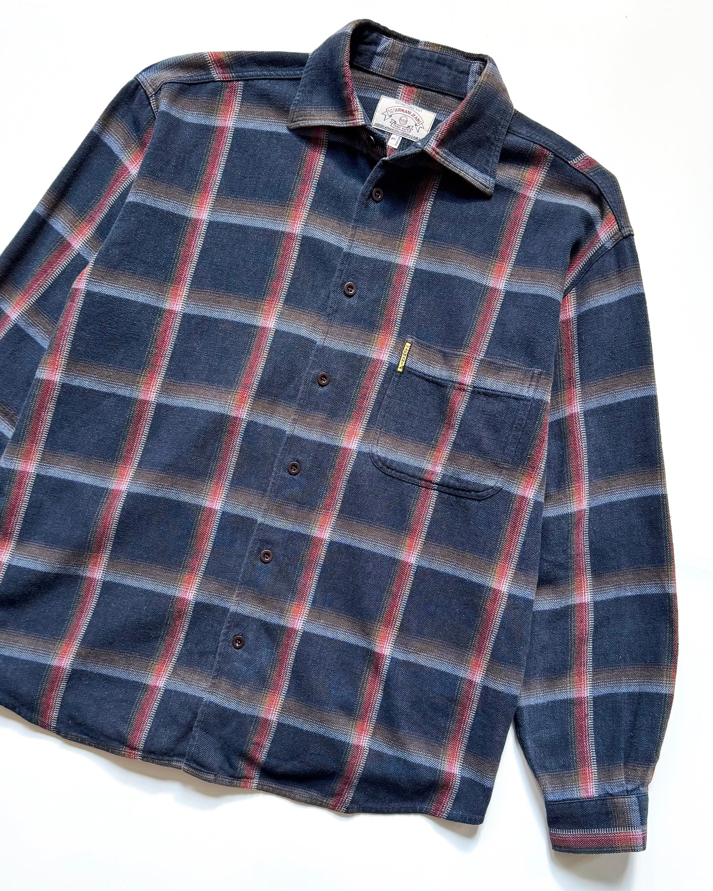 90s Woven Navy Woven Shadow Plaid Style Flannel /  Overshirt Shirt  (~L~)
