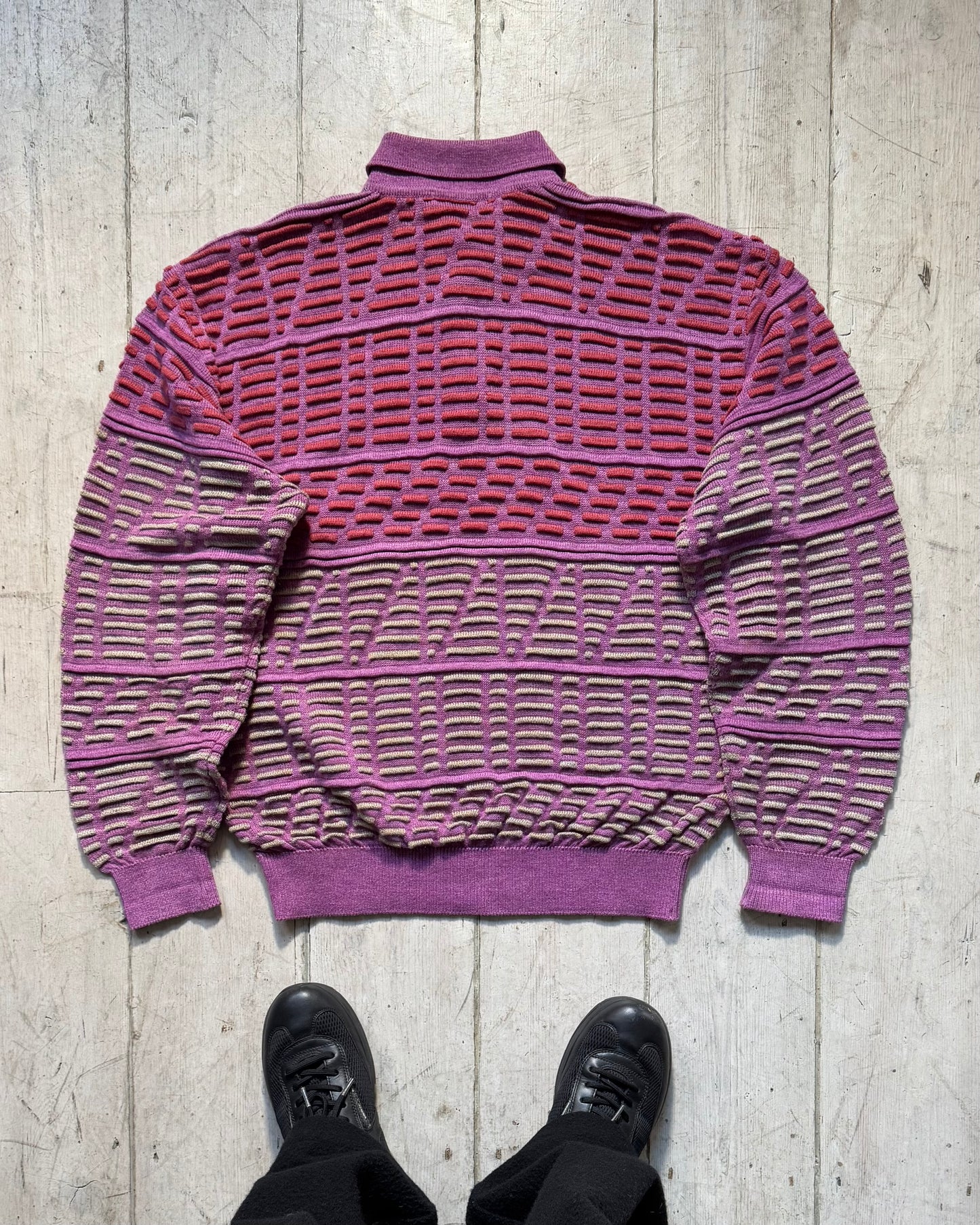 SS 1989 Purple / Red 3D Striped Pattern Knit LS Polo Jumper (~L~)